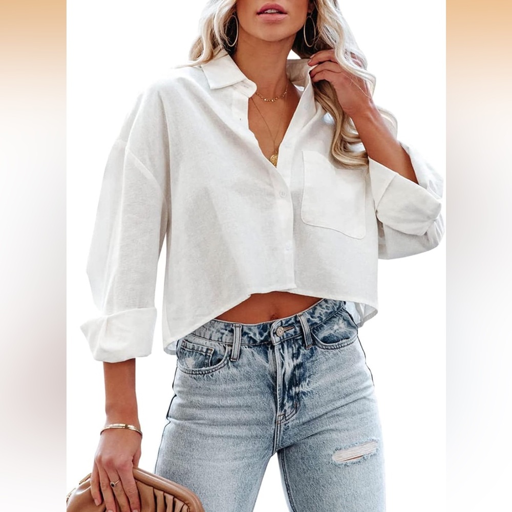 White Long Sleeve Cotton Cropped Button Down Blouse Top size Medium